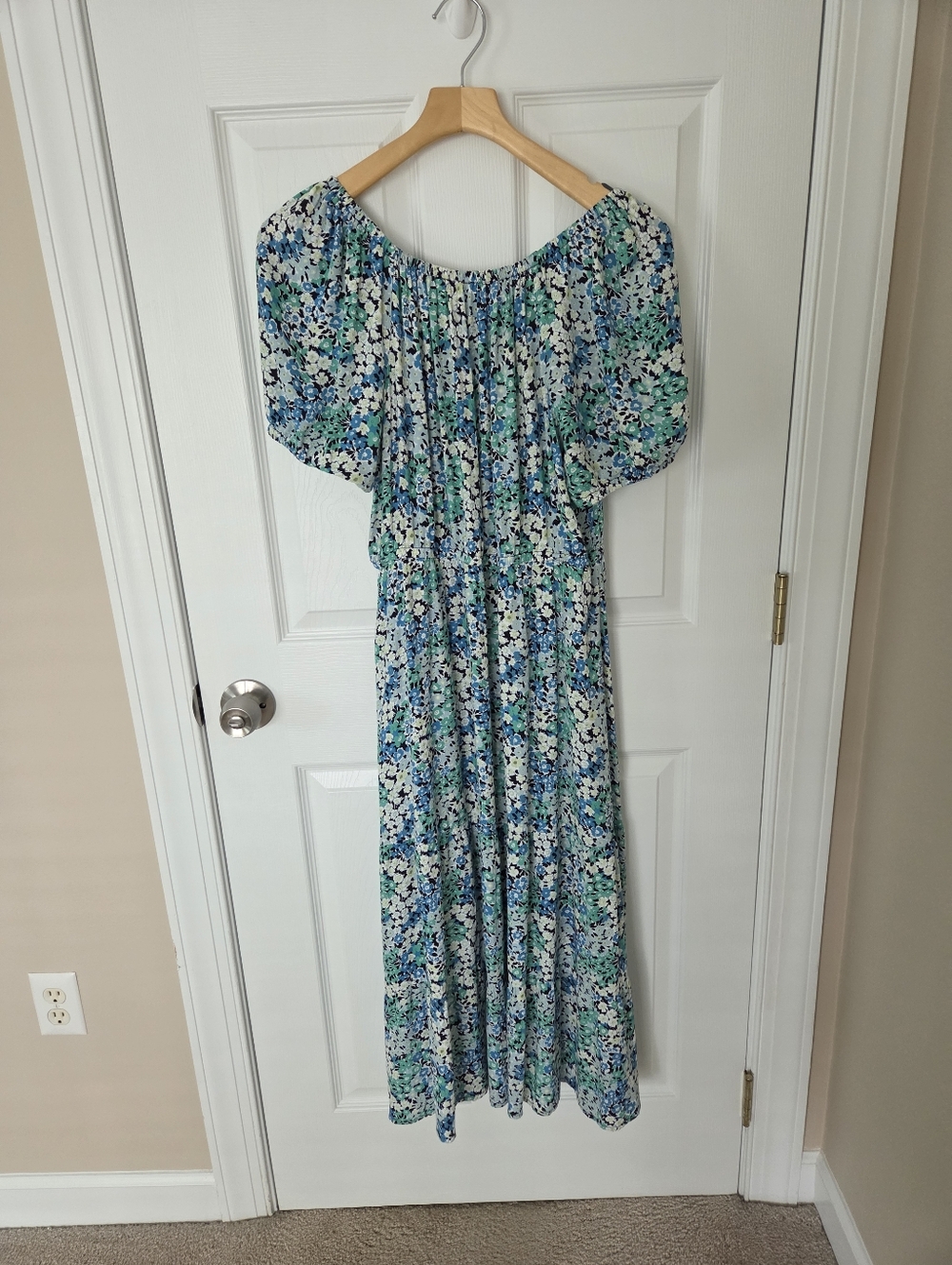 LOFT Blue Floral Print Off Shoulder Dress